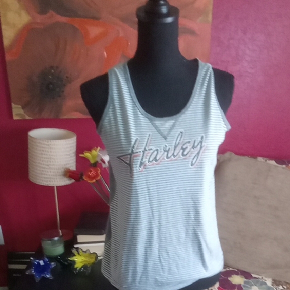 Harley-Davidson White and Gray Striped Tank Top - Picture 1 of 2